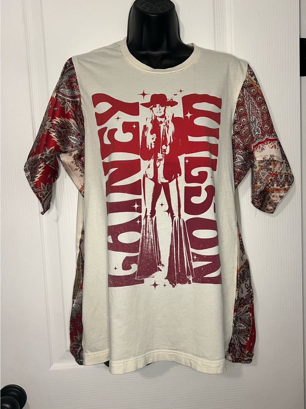 Up-cycled Cream and Red Graphic Band Tee with Paisley Sleeve Accents